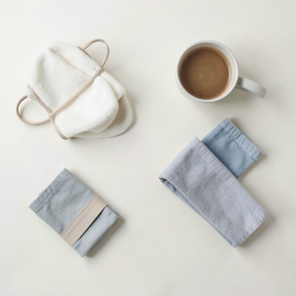 Vista cenital de un escritorio ordenado con cuaderno, taza y smartphone apagado sobre una superficie de madera clara